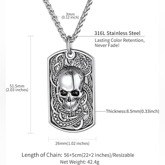 Chains House Stainless Textured Skull Dog Tag Pendant with 24" Chain NIB - Picture 7 of 8